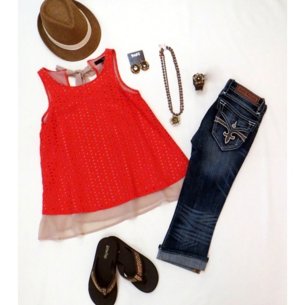 Ryu Sleeveless Orange Eyelet Overlay Top Medium NWT
